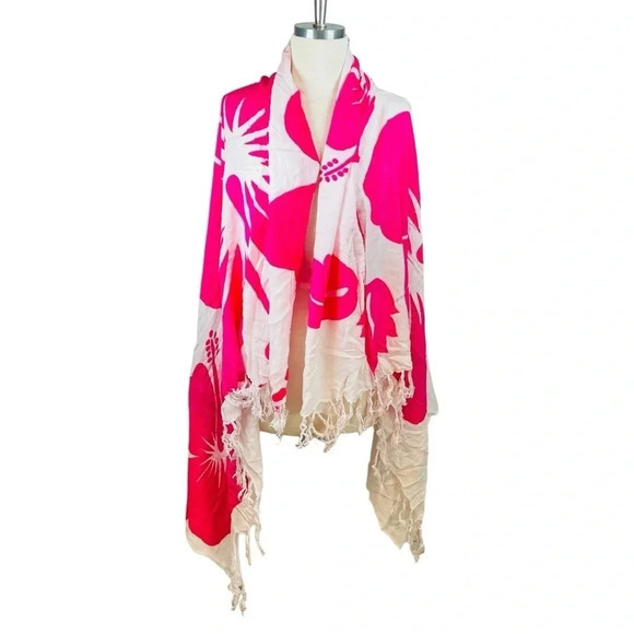 HOT PINK AND WHITE‎ FLORAL HIBISCUS SCARF TASSELS 60x48 - Picture 2 of 4